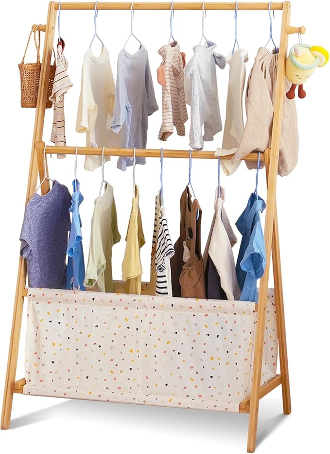 Kids Clothing Rrack- Kids Dress Up Rack for Little Girls, Bamboo Kids Clothes Rack, Toddler Dress Up Storage Rack & Folding Costume Rack, Double Rods, Pets Clothes Rack with Storage, Spot