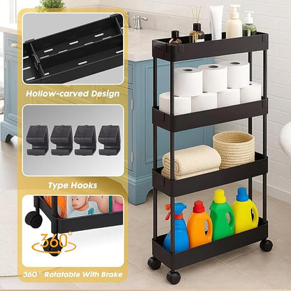 ShellKingdom 4 Tier Bathroom Storage Organizer, Slim Rolling Storage Cart for Narrow Space, Mobile Shelving Unit with Lockable Wheels and Hooks for Bathroom, Kitchen, Laundry Movable Shelf (Black)