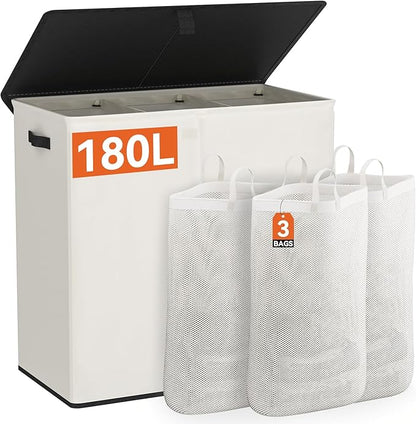 WOWLIVE Laundry Hamper with Lid,180L Large Laundry Basket 3 Section with Removable Washing Bags,Collapsible Waterproof Dirty Clothes Hamper for Laundry Room Bathroom Dorm,Beige