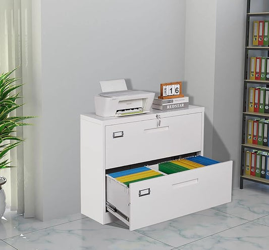 MIIIKO 2 Drawer Lateral File Cabinet with Lock, White Filing Cabinet for Home Office, Two Drawer Metal File Cabinet for Hanging Files Folders Letter/Legal/F4/A4 Size