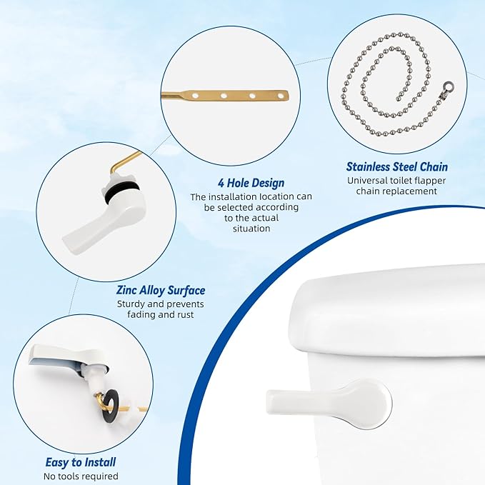 Hibbent Universal Front Mount Metal Toilet Handle Replacement Kit, Brass Toilet Tank Flush Lever with Stainless Steel Adjustable Flapper Chains for Most Toilets, White