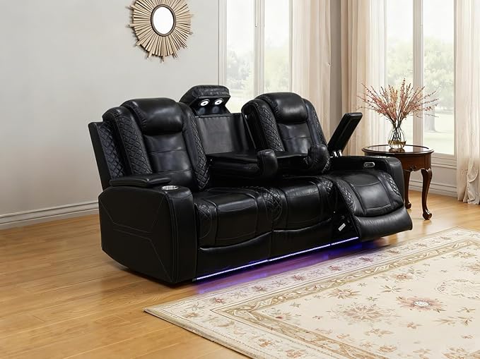 Living Room Furniture Set, Power Reclining Sofa Set, Black Leather 3-Seated Recliner Couch with Drop-Down Table, Recliner Sofa with Storage Console/Cup Holder for Living Room/Apt/Office