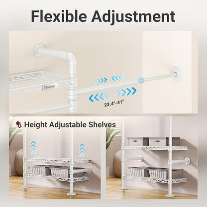 Timate S3X Expandable Wall Mounted Clothes Rack with 6 Adjustable Shelves & 4 Expandable Hanger Rods, Heavy Duty Industrial Pipe Clothing Rack for Hanging Clothes, Fits Spaces 5'11"- 8'10", White