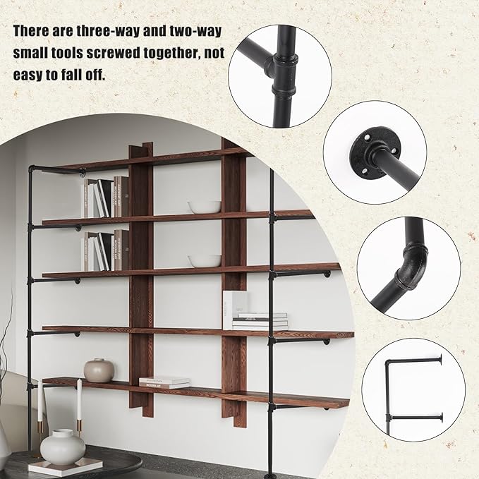 2pcs Wall Mount Iron Pipe Shelf, 5-Tier 66.1x11.8 Inch Industrial Wall Shelves Ceiling Hung Storage Shelf Black Pipe Shelving Brackets No Plank DIY Open Bookshelf for Office Room Kitchen