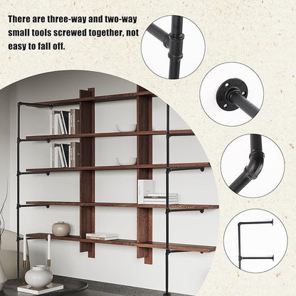 2pcs Wall Mount Iron Pipe Shelf, 5-Tier 66.1x11.8 Inch Industrial Wall Shelves Ceiling Hung Storage Shelf Black Pipe Shelving Brackets No Plank DIY Open Bookshelf for Office Room Kitchen