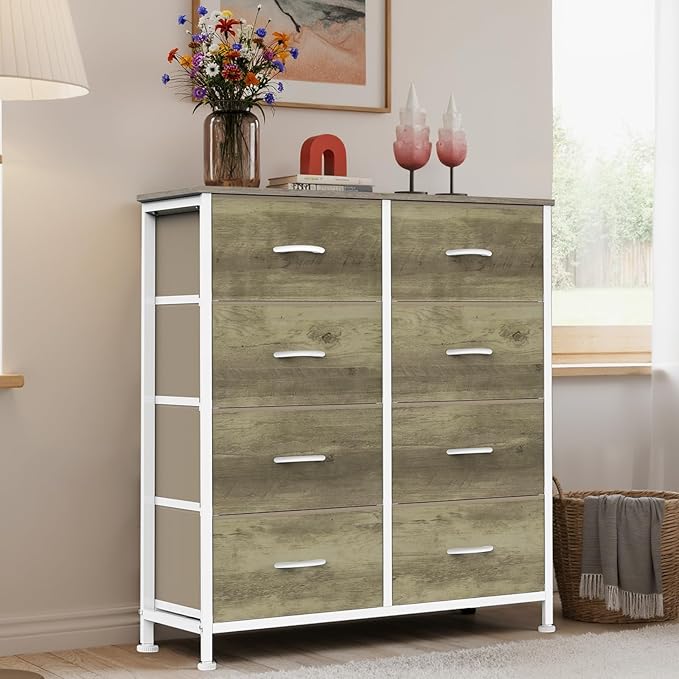 Sweetcrispy 8 Drawer Dresser for Bedroom Large Fabric Storage Tower Organizer Chest of Drawers with Metal Frame and Wooden Top for Nursery Closet Living Room Entryway, Oak Finish