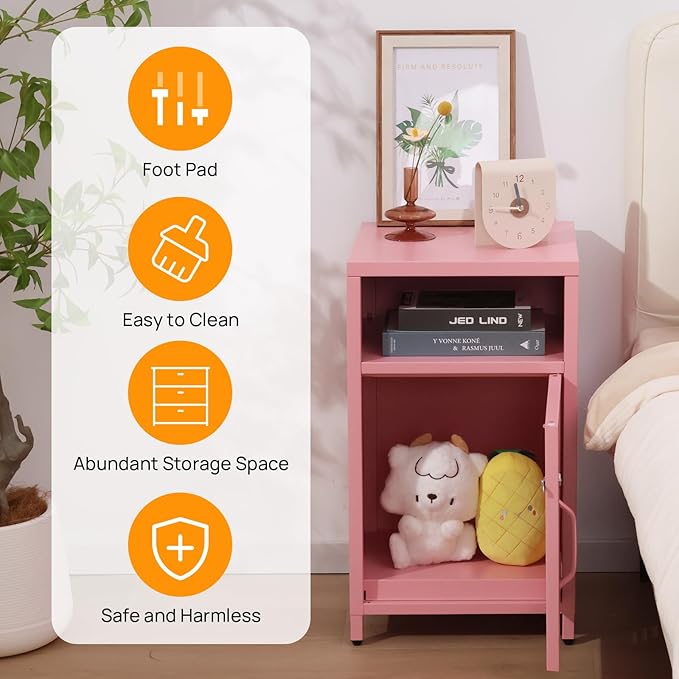 ALBAD Compact Metal Nightstand with Lockable Cabinet and Open Shelf, Modern Bedside Table, Versatile Side Table for Bedroom, Living Room, or Office (Pink, 26" H-Lockable Door)