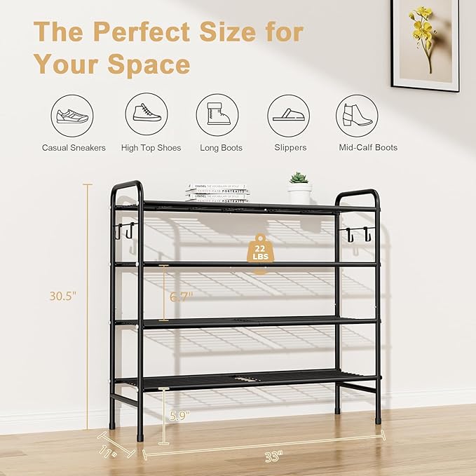 4-Tier Shoe Rack 33" Wide Metal Shoe Organizer Long Shoe Storage with 4 Side Hooks Sturdy Shoes Shelf for Closet, Front Door Entrance, Garage, Dorm, Black