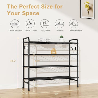 4-Tier Shoe Rack 33" Wide Metal Shoe Organizer Long Shoe Storage with 4 Side Hooks Sturdy Shoes Shelf for Closet, Front Door Entrance, Garage, Dorm, Black