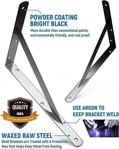 12-Pack 7 Inch Heavy Duty Shelf Brackets, Large Floating Wall Bracket for Garage Storage Shelves, Black Powder-Coated Finish, Load Capacity 800lbs