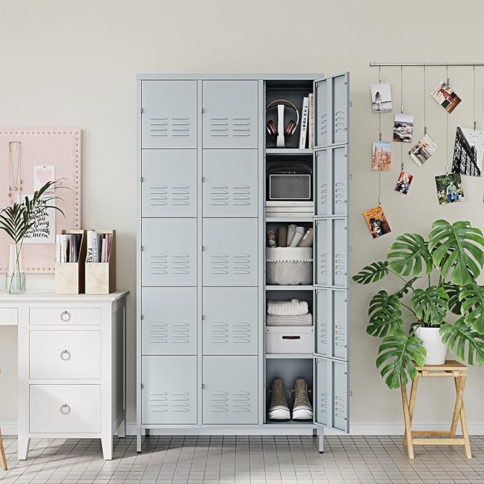 Letaya Metal Lockers for Employees-15 Door Storage Locker with Shelves and Lockable Steel Cabinet for School,Gym,Office,Staff(Grey, 15 Door)