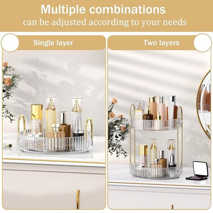 MOKANI 360 Rotating Makeup Organizer for Vanity, 2 Tier Adjustable Perfume Organizer for Dresser, Multi-Function Spinning Cosmetics Skincare Storage for Bedroom, Dresser, Countertop, Clear