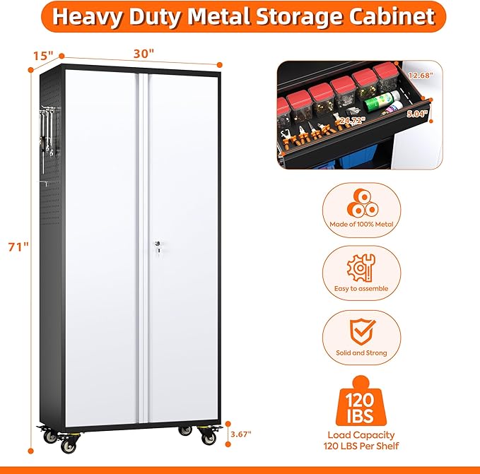 Aobabo Garage Storage Cabinet with Wheels and 1 Interior Drawer, 71" H Metal Rolling Cabinet with 16 Hooks and 2 Adjustable Shelves for Garage, Home, Office, Kitchen, Assembly Required, Black Gray
