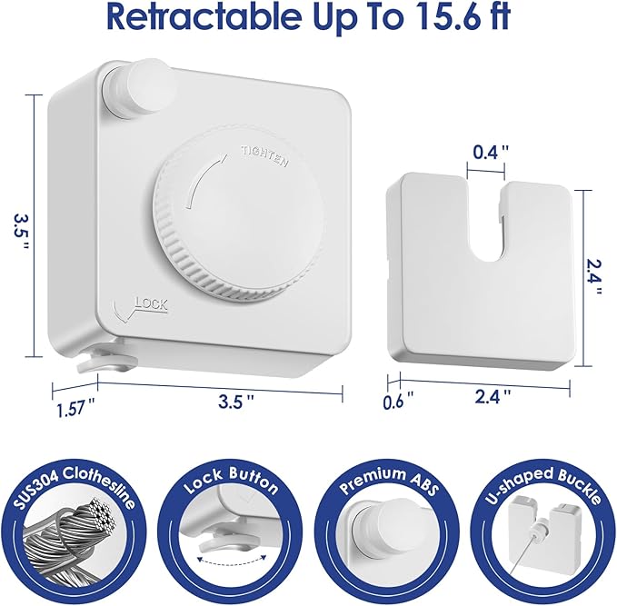 Retractable Clothesline Indoor, Non-Sagging Clothes Line Retracting Outdoors,15.6Ft Heavy Duty Clothes Drying Laundry Line, Wall Mounted Clothesline with 5pcs Stainless Steel Hooks (White)