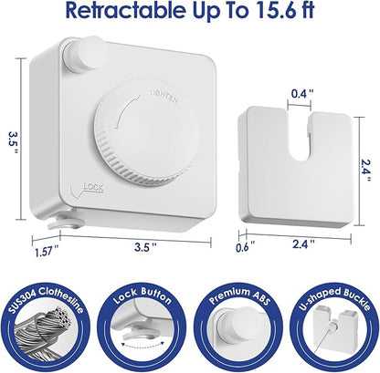 Retractable Clothesline Indoor, Non-Sagging Clothes Line Retracting Outdoors,15.6Ft Heavy Duty Clothes Drying Laundry Line, Wall Mounted Clothesline with 5pcs Stainless Steel Hooks (White)
