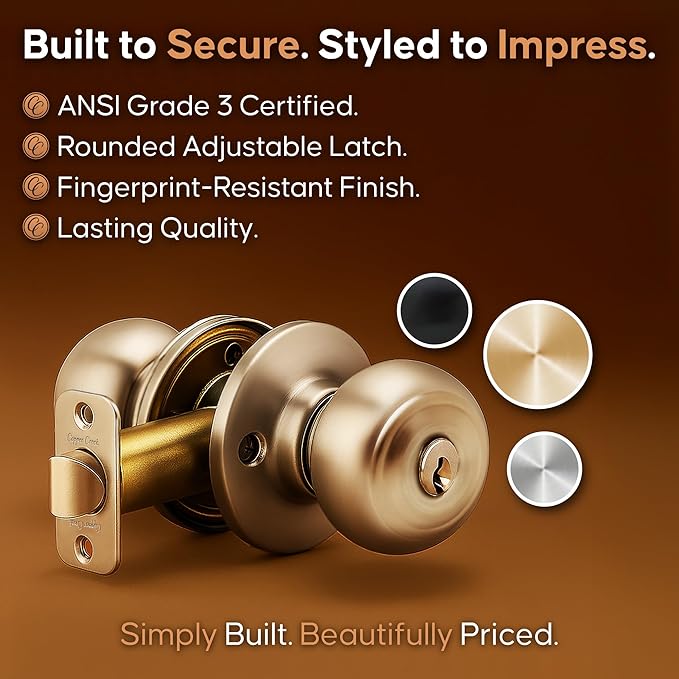 Copper Creek Colonial Entry Door Knob – Keyed Entry Handle with Lock and Key, ANSI Grade-3 Certified, DIY-Friendly Install for Interior and Exterior Entrance Doors – Polished Brass (1 Pack)
