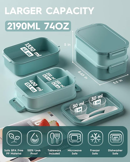 Adults Bento Lunch Box Set with Thermo Bag, 74oz Stackable Leak-proof 3-tiers Bento Box, Built-in Utensil and Sauce Container for Work, School, Dining Out (Green)