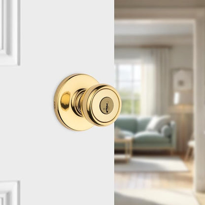 Kwikset Tylo Entry Door Knob with Lock and Key, Secure Keyed Handle Exterior, Front Entrance and Bedroom, Polished Brass, Pick Resistant SmartKey Rekey Security
