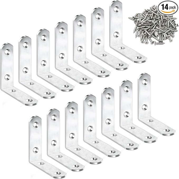 14 Pack L Bracket Corner Braces 2.5 Inch Stainless Steel Heavy Duty Shelf Bracket for Wood Shelves, Wall Hanging Support 90 Degree Joint Right Angle Brackets with Screws