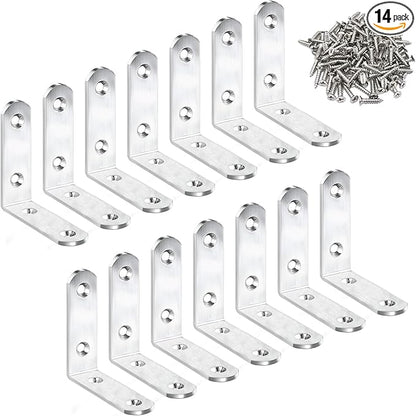 14 Pack L Bracket Corner Braces 2.5 Inch Stainless Steel Heavy Duty Shelf Bracket for Wood Shelves, Wall Hanging Support 90 Degree Joint Right Angle Brackets with Screws