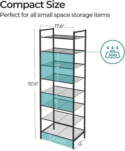 SONGMICS Narrow Shoe Rack - Sturdy 8 Tier Metal Tall Shoe Rack Shelf, Slim Shoe Storage Organizer for Closet Entryway Small Spaces, Bronze, 12"D x 17.6"W x 50.6"H