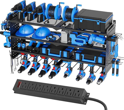 Power Tool Organizer Wall Mount with Charging Station, Drill Holder, Heavy Duty Storage Utility Racks, Supports 600 lbs,Battery Shelf for Garage and Workbench (32 Inch 8 Drills Holder)