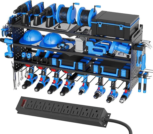 Power Tool Organizer Wall Mount with Charging Station, Drill Holder, Heavy Duty Storage Utility Racks, Supports 600 lbs,Battery Shelf for Garage and Workbench (32 Inch 8 Drills Holder)
