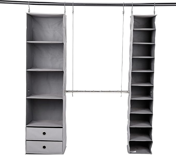 BIRDROCK HOME 5pc Hanging Closet Organizer System with Storage Shelves - Grey - Shoe Clothing Organization - Great for College Dorms or Kid Bedrooms Nursery