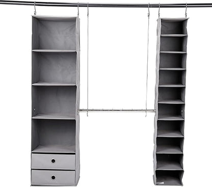 BIRDROCK HOME 5pc Hanging Closet Organizer System with Storage Shelves - Grey - Shoe Clothing Organization - Great for College Dorms or Kid Bedrooms Nursery