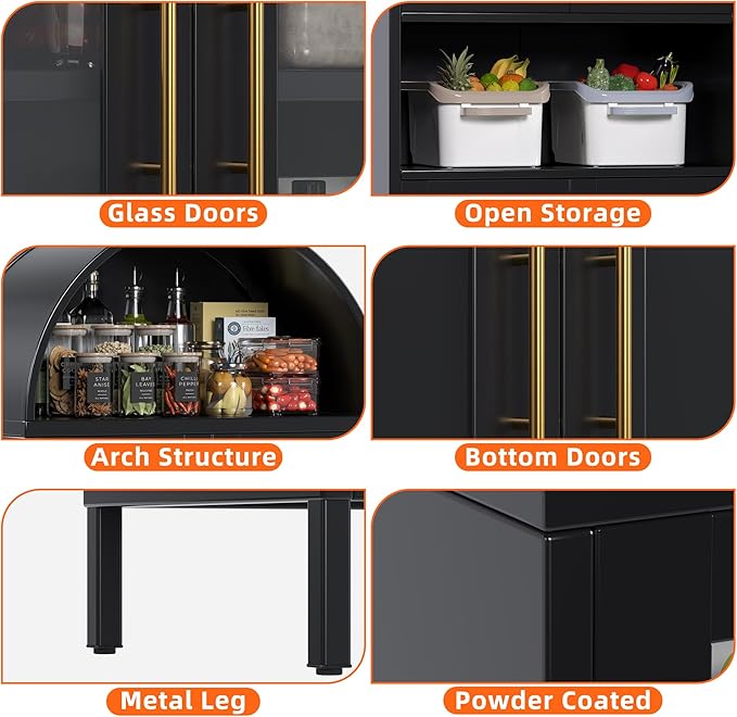 Metal Arched Cabinet with Glass Doors, Tall Arch Display Bookshelf, Kitchen Pantry Cabinet for Home Office,Required Assembly(Black)