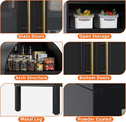 Metal Arched Cabinet with Glass Doors, Tall Arch Display Bookshelf, Kitchen Pantry Cabinet for Home Office,Required Assembly(Black)