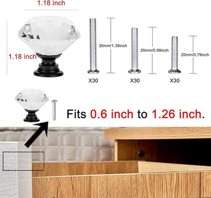 YourGift 30 Pack Drawer Knobs Diamond Shaped Crystal Glass 30mm Cabinet Knobs Pull Handle (30 mm, 30 Pack, Black)