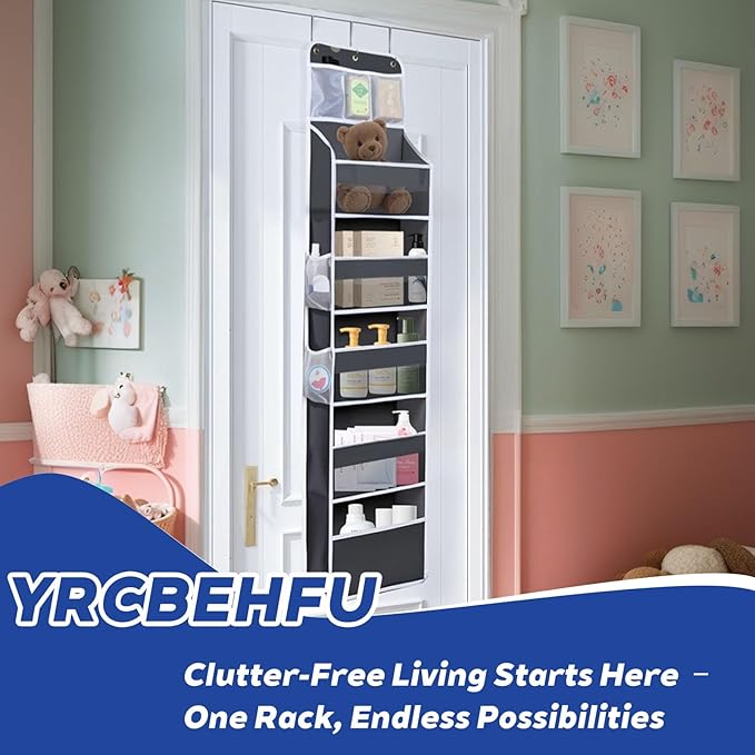 Over The Door Organizer 6 Tier with 12 Pockets & Reinforced Hooks - 59" Hanging Storage Organizer for Bathroom, Nursery, Pantry & Laundry (Deep Grey)