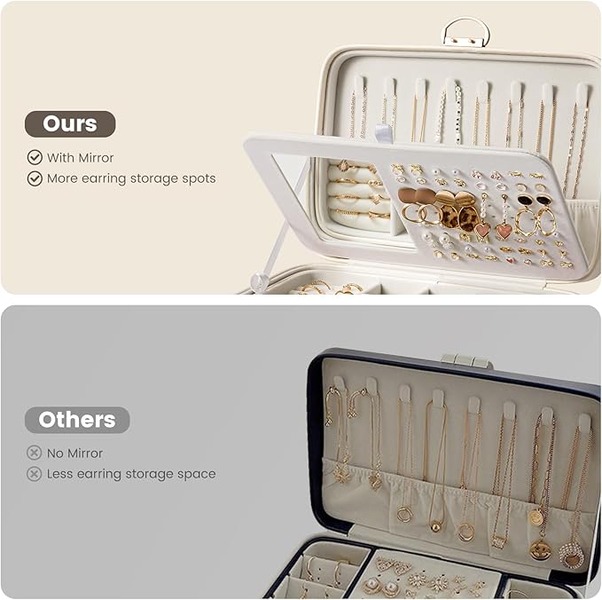 Lolalet 2 Layer Jewelry Box with Lock and Key for Teen Girls & Young Women, Jewelry Organizer Case with Round Clasp and Mirror for Earrings Rings Necklaces Storage, Gift Idea -Cloud White
