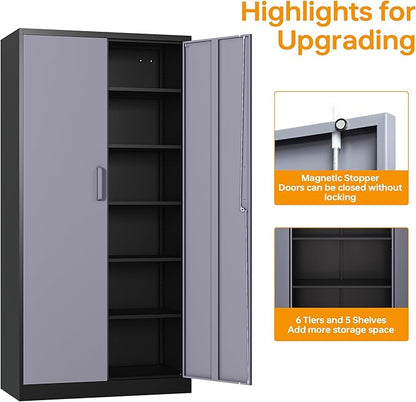 STANI Metal Garage Storage Cabinet with Lock, 71" Steel Lockable File Cabinet, Locking Steel Storage Cabinet with 4 Adjustable Shelves for Home, Office, Warehouse, Garage, School