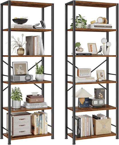 Furologee 6 Tier Book Shelf Set of 2, Tall Wide Bookshelf, Industrial Open Bookcase, Display Shelves Storage Organizer, Shelving Unit for Living Room, Home Office, Bedroom, Rustic Brown