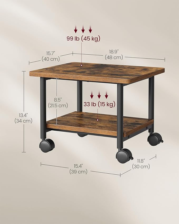 VASAGLE Printer Stand with Locking Wheels, 2-Tier Shelf, Industrial Under Desk Heavy-Duty Mobile Cart for Home Office, Rustic Brown and Black UOPS002B01