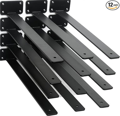 12 Pack - 18 inch Black Hidden L Shelf Bracket (1/5 Inch Thicked) Iron Floating Shelf Brackets Rustic Industrial Metal Brackets for Shelf Support
