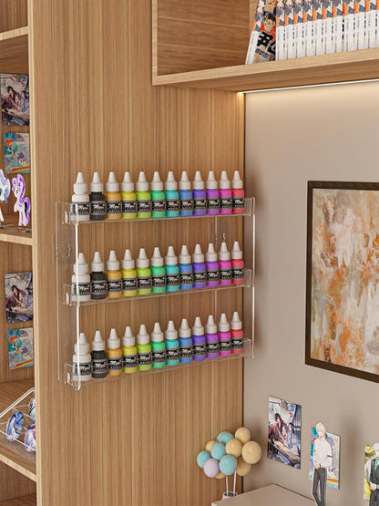 2Pack 3 Tier Display Rack, Clear Paint Rack Wall-Mount (No Drill), Acrylic Craft Paint Storage Organizer, Miniature Holder for 2oz Bottle, Nail Polish Organizer, Badges, Mini Figures (2)