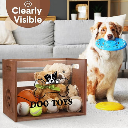 Large Dog Toy Basket Dog Toy Box Wooden Storage Bin with Acrylic Board Storage Box for Puppy Toys Pet Food and Accessories Organizer Holder Basket for Living Room Area(Brown, Dog)