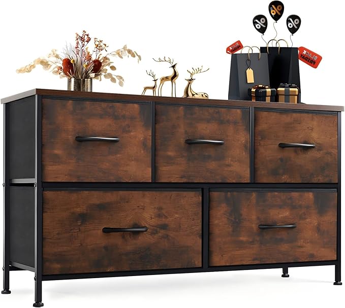 OLIXIS Dresser for Bedroom with 5 Drawers, Wide Chest of Drawers, Fabric Bedroom Dresser with Drawer Organizer, Storage Organizer Unit with Fabric Bins for Closet, Living Room, Hallway