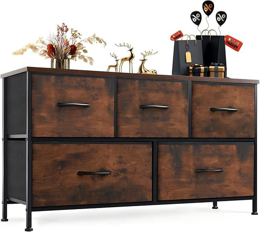 OLIXIS Dresser for Bedroom with 5 Drawers, Wide Chest of Drawers, Fabric Bedroom Dresser with Drawer Organizer, Storage Organizer Unit with Fabric Bins for Closet, Living Room, Hallway