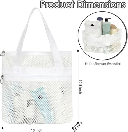 Mesh Shower Caddy Portable Shower Bag for Travel,Gym,Camping – Quick-Dry Hanging Toiletry Organizer with Zipper Pockets for Bathroom Essentials,White