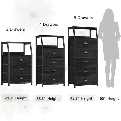 Furnulem Black Dresser with 5 Drawers, Vertical Storage Tower Fabric Dresser for Bedroom, Hallway, Entryway, Nursery, Closet Organizer, Nightstand Bedside Table Furniture, Sturdy Steel Frame, Wood Top