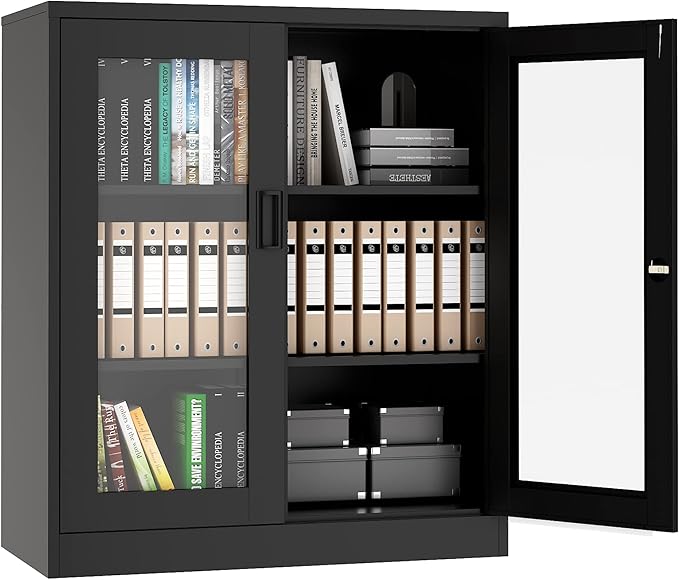 Letaya Storage Cabinet,36" Steel Locker, Lockable Glass Door,2 Adjustable Shelf Organizer Pantry for Office File,Home (36"-Black)