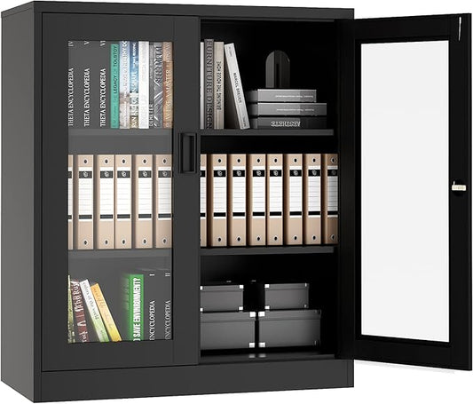 Letaya Storage Cabinet,36" Steel Locker, Lockable Glass Door,2 Adjustable Shelf Organizer Pantry for Office File,Home (36"-Black)