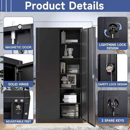 Metal Storage Cabinet with 2 Doors and 4 Adjustable Shelves, 71'' Steel Garage Cabinet, Locking Tool Cabinets for Office, Home,School,Kitchen,Garage Utility Black