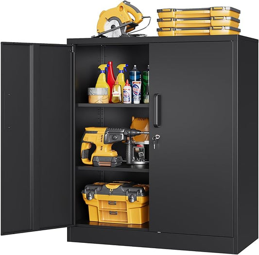 36" H Metal Storage Cabinet, Black Metal Cabinet with 2 Lockable Doors and 2 Adjustable Shelves, Garage Storage Cabinet for Home Office, Garage, School, Apartment, Warehouse