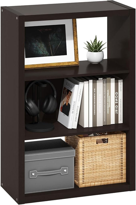 Furinno Viola Book Shelf, 3-Tier Bookshelf, Extra Thick Frame Bookcase with Open Shelf, Open Back Design, 11.3" x 23.2" x 35.9", for Living Room, Bedroom, Home Office, Black Dark Oak