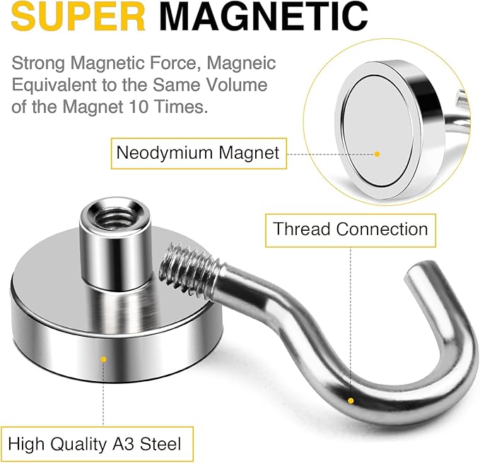 DIYMAG Magnetic Hooks, 50 LB Heavy Duty Magnets, 6 Packs Strong Rare Earth Neodymium Magnet Hook for Hanging, Magnetism Hanger for Curtain, Home, Kitchen, Workplace